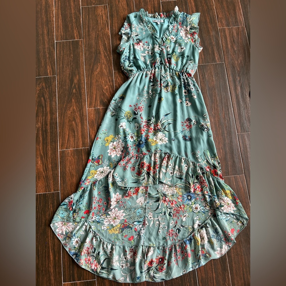 bailey blue Sage Green Floral Ruffled high low v-neck dress size large